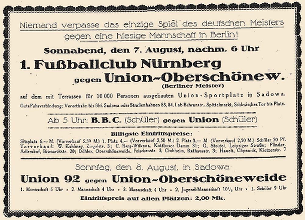 Plakat für das Eröffnungsspiel im Stadion an der Alten Försterei am 7. August 1920 gegen den Deutschen Meister aus Nürnberg